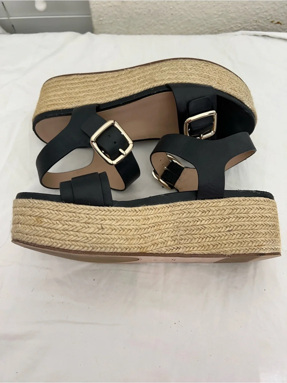27 EDIT Black Platform Espadrille Sandals with Gold Buckles
